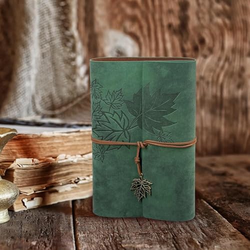 Leather Writing Journal Notebook,Classic Spiral Bound Notebook Refillable Diary Sketchbook Gifts with Unlined Travel Journals to Write in for Girls and Boys(Leaves,A6/Dark Green) - color: 03-A6/GreenMaple