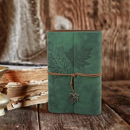 Leather Writing Journal Notebook,Classic Spiral Bound Notebook Refillable Diary Sketchbook Gifts with Unlined Travel Journals to Write in for Girls and Boys(Leaves,A6/Dark Green) - color: 03-A6/GreenMaple
