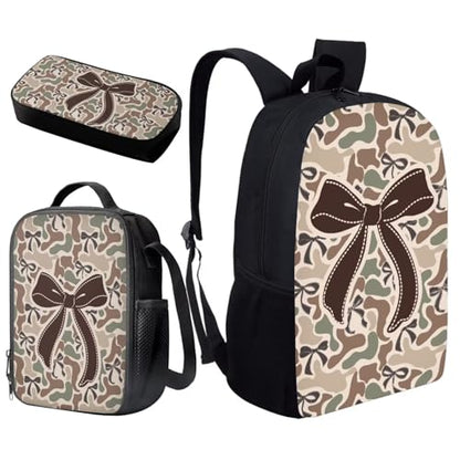 Camo Bows School Backpack Set for Girls 3 PCS Kids Backpack with Lunch Box Pencil Case Large Capacity Bookbag Portable Lunch Bag for Elementary School Students - color: Camo Bows