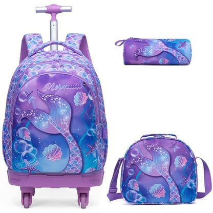 Kids Rolling Backpack for Girls Mermaids Suitcases Trolley Roller Luggage Backpacks with 360° Rotating Wheels 15" Laptop Lunch Box Pencil Case for Elementary 18" Travel School Bag Purple - color: Purple-yuwei-1220