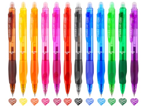12 Pack Clicker Colored Erasable Gel Pens, 0.5mm Fine Tip, Multicolor & Assorted Ink with Eraser for Mistake Free Writing, Note Taking, Drawing, School & Office Supplies, Soft Grip - color: 12 Colors