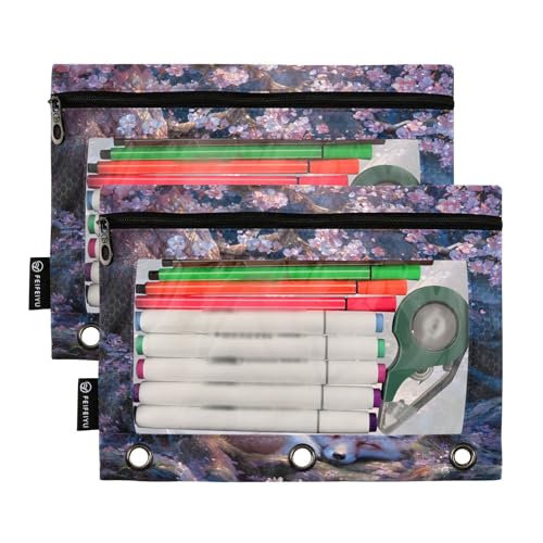2 Pack Pencil Pouch for 3 Ring Binder Fox Cherry Blossom Tree Pencil Case Pouch with Clear Window Zipper Binder Pencil Pouches Pen Bag for Office School Supplies - color: Fox Cherry Blossom Tree