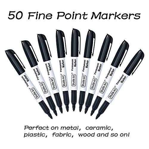 Shuttle Art Permanent Markers, 50 Pack Black Permanent Marker set,Fine Point, Works on Plastic,Wood,Stone,Metal and Glass for Doodling, Marking