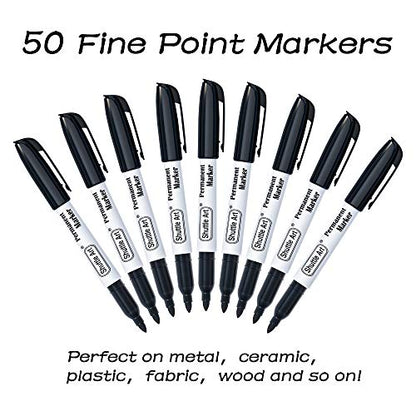 Shuttle Art Permanent Markers, 50 Pack Black Permanent Marker set,Fine Point, Works on Plastic,Wood,Stone,Metal and Glass for Doodling, Marking