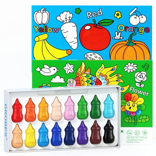 16 Colors Baby Crayons for Toddlers, with Two A4 thickened coloring books(FRUITS VEGETABLES+WONDERFUL FOREST) - color: 16 Colors+Two A4 thickened coloring books