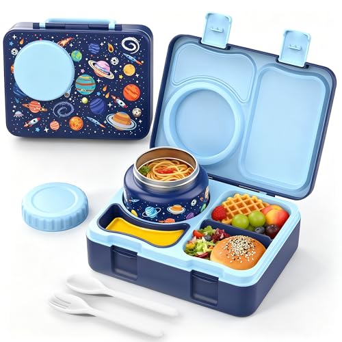 Kids Lunch Box with Thermo, Leakproof Bento Box for Kids with 8OZ Insulated Food Jar, Ice Pack, Sauce Cup, Utensils, Removable Tray & Dividers for School Daycare Travel (Space) - color: Space