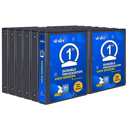 3 Ring Binder 1 Inch, ViVin Sturdy 1"-Round Ring Binder with 2 Interior Pockets, Clear View Cover, PVC-Free, Fits 200 Sheets of 8.5'' x 11'' Paper, Office Home School (12 Pack, Black) - color: Black, size: 1 Inch, style: 12 Pack