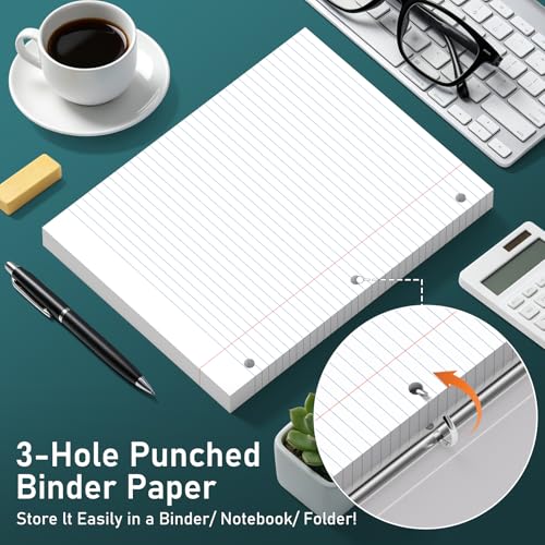 6 Pack Loose Leaf Paper, 120 Sheets Notebook Lined Pads, 8 x 10.5 College Ruled Filler Paper, 3-Hole Punched, White Loose Leaf Notebook Paper for 3 Ring Binders, for Home & Office, School Supplies - color: White