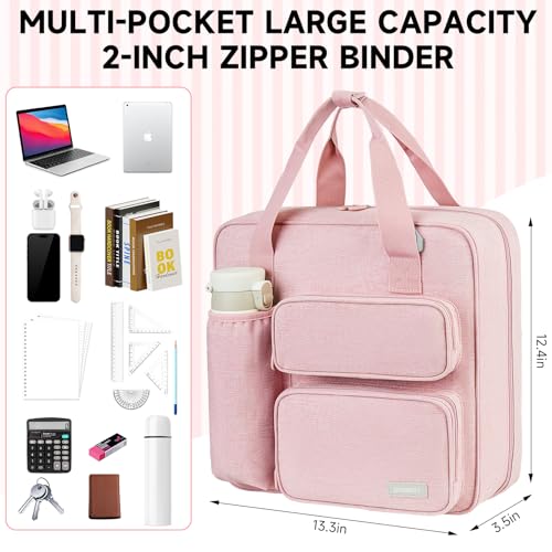 Zipper Binder 3 Ring, 500 Sheets Capacity, Binder 2 Inch with Shoulder Strap Fits 13 Inch Laptop for School and Office,Pink - color: Pink