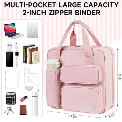 Zipper Binder 3 Ring, 500 Sheets Capacity, Binder 2 Inch with Shoulder Strap Fits 13 Inch Laptop for School and Office,Pink - color: Pink