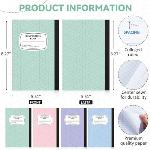 Gersoniel 4 Pack Left Handed College Ruled Notebooks, Pastel Color Composition Notebooks 8.3" x 5.8", Aesthetic Writing Notebook for School Students, Smooth Paper Journaling Set - color: Light Colors