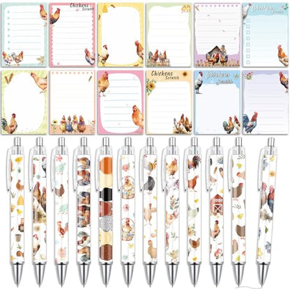 Wxiben Chicken Sticky Notes with Pens - 24 Pcs Cartoon Chicken Notepads Ballpoint Pens Bulk Farm Animals Notes Black Ink Pen Animal Lover Gifts for Women Men Study Office School Supplies Party Favor - color: Chicken