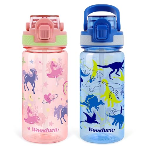 Kids 16 oz Water Bottle for School, Unicorn/Dinosaur | Plastic Straw Water Bottle with Silicone Spout and Leakproof Cover · Dishwasher Safe - color: Unicorn/Dinosaur, size: 16oz (2 Packs)