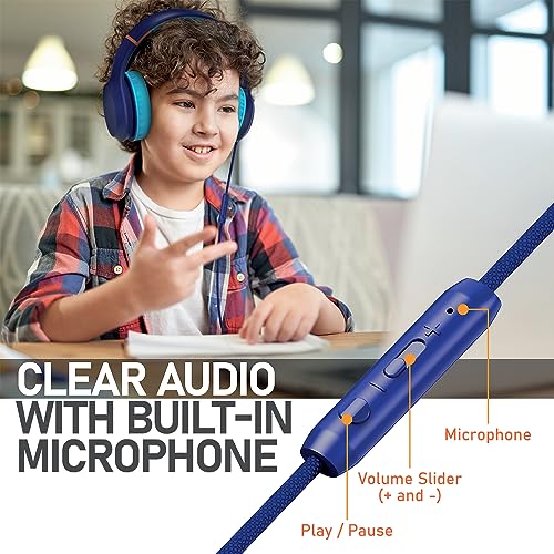 FosPower Kids Headphones with 3.5mm Laced Cables, Children & Teens Over The Ear Foldable Adjustable Headset w/Built-in Mic for Smartphones/PC/Tablet/Laptop/School (Max Volume 85dB) - Blue - color: 06 - Blue