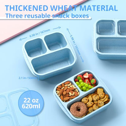 Snack Boxes (3 Pack) - Stackable Bento Boxes with 3 Compartments, Meal Prep Containers Reusable, Lightweight Lunch Containers for Kids and Adults, BPA Free (Blue) - color: Blue