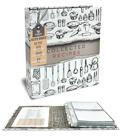 Better Kitchen Products Recipe Binder, 8.5" x 9.5" 3 Ring Binder Organizer Set (with 50 Page Protectors, 100 4" x 6" Recipe Cards & 12 Category Divider Tabs) Sleek Kitchen Design