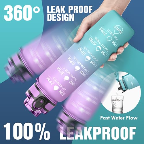 OLDLEY Water Bottle, 32oz Motivational Sports Water Bottle with Time Marker - Times to Drink - Tritan, BPA Free, Wide Mouth Leakproof,Confectionery - color: Confectionery