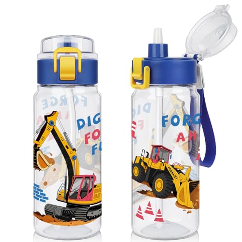 Tritan Kids Water Bottle for School, 18.6 oz Leakproof 2-in-1 Toddler Water Bottle with a Pop-up Detachbale Straw, Dishwasher Safe (Construction Truck) - color: Construction Truck
