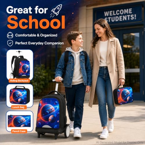 AGSDON Quiet Rolling Backpack with Lunch Box Set – Large‑Wheel Water‑Resistant Wheeled Bag for School, Outings, and Travel | Galactic Earth 3‑Piece Organizer Backpack - color: Big Wheel Rolling Backpack Galactic Earth
