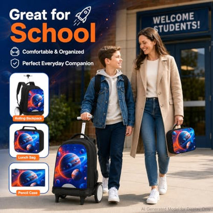 AGSDON Quiet Rolling Backpack with Lunch Box Set – Large‑Wheel Water‑Resistant Wheeled Bag for School, Outings, and Travel | Galactic Earth 3‑Piece Organizer Backpack - color: Big Wheel Rolling Backpack Galactic Earth