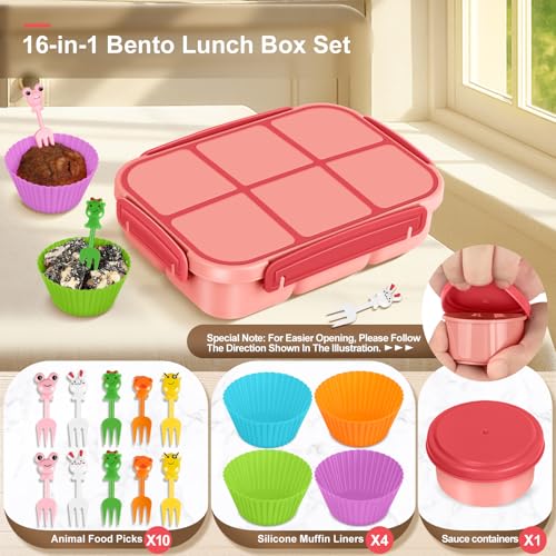 Amathley Lunch Box Kids Girls Boys,Bento Box Adult,Toddler Lunch Containers for School,Leakproof Snack Containers with 6 Compartments,Sauce Container,10 Food Picks and 4 Muffin Cups (Pink) - color: Pink