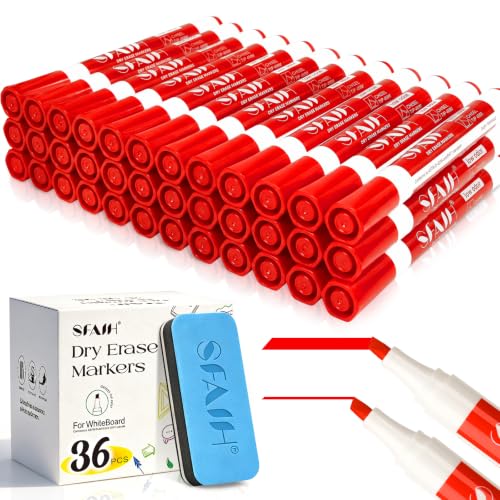 SFAIH Dry Erase Markers Chisel Tip with Magnetic Whiteboard Eraser, 36 Bulk Red White Board Markers for Teachers, Versatile Lines, 1s Quickly Dry, Essential Supplies for Office Teacher - color: Red