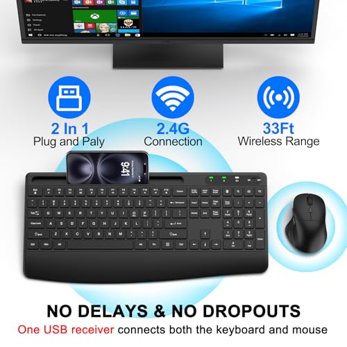 Ergonomic Wireless Keyboard and Mouse Combo, Full-Size Silent Keyboard with Wrist Rest & Phone Holder, 3 DPI Adjustable Mouse, 2.4G Lag-Free Cordless, Long Battery Life for PC Laptop Mac Windows