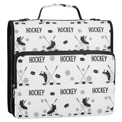 Zipper Binder Bag 3 Ring File Folder Portfolio Organizer Zippered Binder Bags with Strap Fits Laptop Women Men - color: Ice Hockey Black