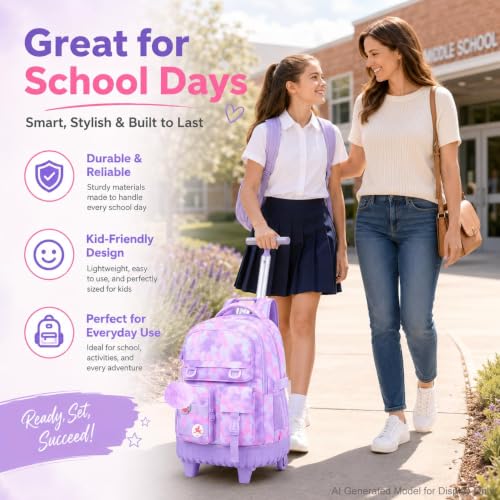 CCJPX Rolling Backpack for Girls, 3Pcs Roller Wheeled School Bookbag, Tie-dye Wheels Backpacks with Lunch Box for Kids (Pink) - color: Cloud Purple