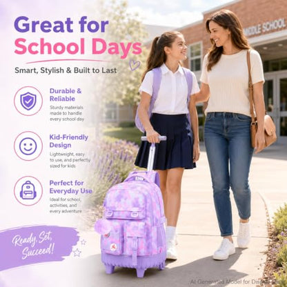 CCJPX Rolling Backpack for Girls, 3Pcs Roller Wheeled School Bookbag, Tie-dye Wheels Backpacks with Lunch Box for Kids (Pink) - color: Cloud Purple