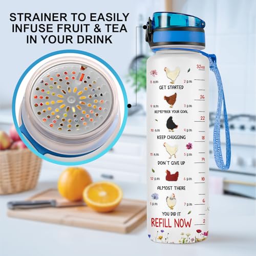 Funny Chicken Water Bottle 32oz, Stop Slacking Drink Your Water Tumbler with Time Marker, Cute Rooster Farm Gift for Chicken Lovers Women Mom - color: Chicken