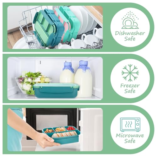 QQKO Bento Box for Kids Adults, School Toddler Lunch Box for Boys Girls, Lunch Box Containers with 4 Compartments, Sauce Container, Utensils, Food Picks and Muffin Cups for School, Green - color: Green