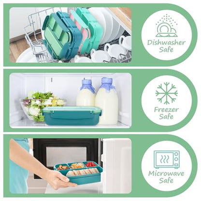 QQKO Bento Box for Kids Adults, School Toddler Lunch Box for Boys Girls, Lunch Box Containers with 4 Compartments, Sauce Container, Utensils, Food Picks and Muffin Cups for School, Green - color: Green