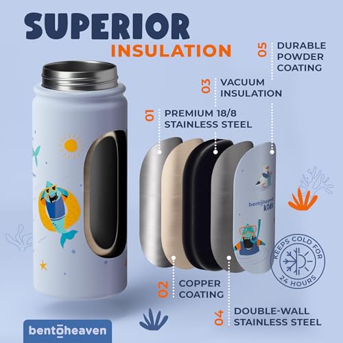 Bentoheaven Kids Water Bottle Stainless Steel for Boys & Girls, Blue | Reusable 17 oz insulated metal tumbler with 2 lids (chug and straw), leakproof design, silicone boot for school and sports. - color: Ocean Blue