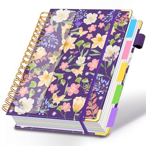 Spiral Journal Notebooks for Work, 300 Pages 5 Subject Notebook College Ruled with Dividers & Tabs, 8''x 10'' Large Notebook Journal for Women Students Note-Taking and Organizer (Purple Floral) - color: Purple Floral, size: 8''x 10''