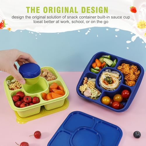 Original Lunchable Snack Containers - 5 Compartments Bento Snack Boxes with 1 Leakproof Small Containers, Wheat Straw, BPA-Free, Set of 2 (Navy+Light Green) - color: Navy+Light Green