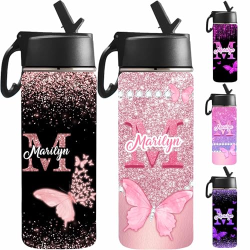 Custom Butterfly Water Bottle with Name for Girls, Customized Name Water Bottle Stainless Steel Water Tumbler for Kids - color: Color_07
