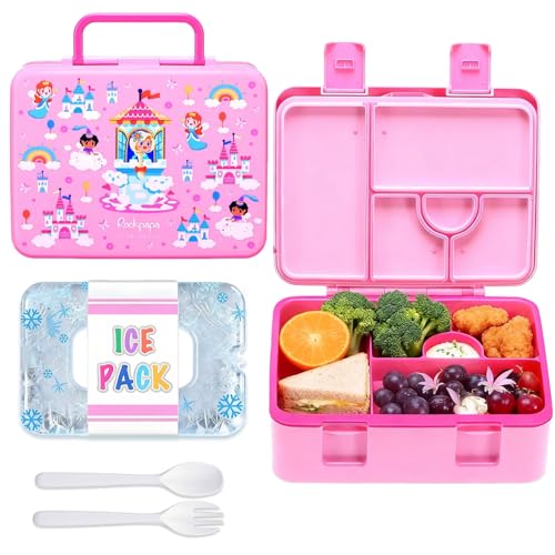 rockpapa Chill Bento Box for Kids- Large 5.5 Cups Lunch Box with Ice Pack - 5 Compartments, BPA-Free, Leak Proof, with Utensils & Portable Handle, Microwave/Dishwasher Safe (Pink Fairies) - color: Pink Fairies