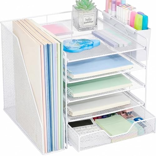 Desk Organizers and Accessories, 5-Tier Paper Letter Tray Organizer with File Holder, Drawer & Pen Holder, Office Desk Accessories, Desktop Organizer for Classroom Office Supplies, White - color: White