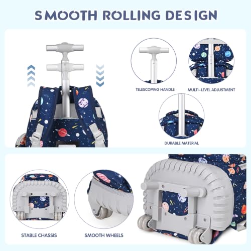 Rolling Backpack for Boys, 3PCS Roller School Backpacks for Boys with Lunch Bag and Pencil Pouch, Kids Bookbag School Bag with Wheels for Kindergarten Elementary Middle School Travel - color: Grey Space