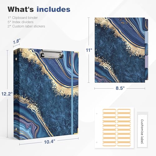 Ospelelf 3 Ring Binder, 1 Inch, Cute Letter Size (11" x 8.5") with 5 Tab Dividers, File Folder Labels and Low Profile Clipboards, Blue Marble - color: Blue Marble, size: 1in（Letter Size）