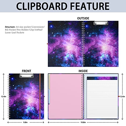 Rimilak Spiral Clipboard Folio with Refillable Lined Notepad, 14.5 x 9.8 In, Hardcover Cover with 5 Interior Pockets, Elastic Band and Pen Loop Series. Cute Stylish Clipfolio, Galaxy - color: Galaxy