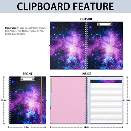 Rimilak Spiral Clipboard Folio with Refillable Lined Notepad, 14.5 x 9.8 In, Hardcover Cover with 5 Interior Pockets, Elastic Band and Pen Loop Series. Cute Stylish Clipfolio, Galaxy - color: Galaxy