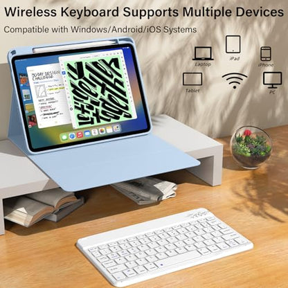 kenke for iPad 11/10th Gen Case with Keyboard 11/10.9 inch 2025 A16/2022, Detachable Wireless Bluetooth Keyboard Case with Bulit-in Pencil Holder, White Square Keycaps (Blue) - color: Blue