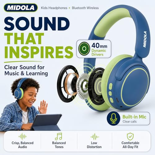 MIDOLA Kids Wireless Headphones Active Noise Cancelling Lightweight Bluetooth Headphone for Kid,Volume Limited 85/94dB Foldable Over-Ear Headset with Mic,68 Hours Playtime,for Toddler Child Green - color: Green