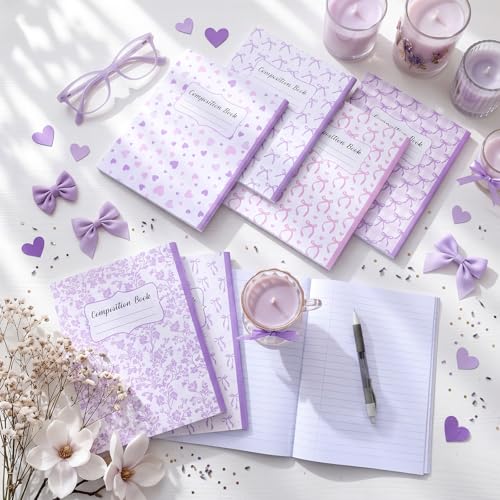 AmazingSpark 6 Pack Lefty Preppy Notebook Cute Bow Coquette Journal 7" x 9" College Wide Ruled 110 Pages Left Handed Aesthetic School Supplies Gifts for Teens Girls Women(Composition,Purple Bow) - color: Purple Bow, style: Composition
