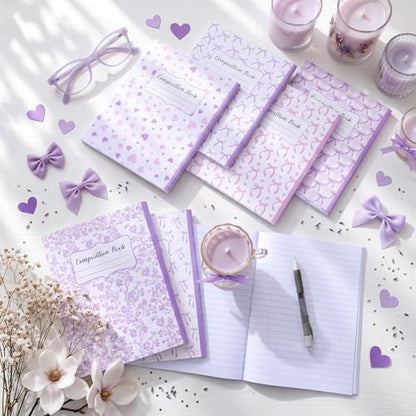 AmazingSpark 6 Pack Lefty Preppy Notebook Cute Bow Coquette Journal 7" x 9" College Wide Ruled 110 Pages Left Handed Aesthetic School Supplies Gifts for Teens Girls Women(Composition,Purple Bow) - color: Purple Bow, style: Composition