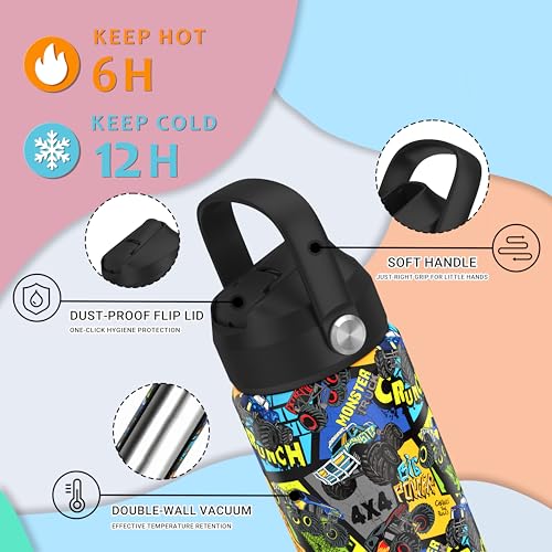 Boys Monster Truck Power Water Bottle for School，Kids 18 oz Insulated Stainless Steel Cup with Straw, Double-Wall Vacuum Leakproof - color: C10.Monster Truck-Power