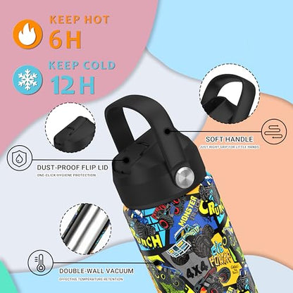 Boys Monster Truck Power Water Bottle for School，Kids 18 oz Insulated Stainless Steel Cup with Straw, Double-Wall Vacuum Leakproof - color: C10.Monster Truck-Power