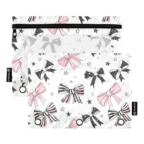 Pencil Pouch for 3 Ring Binder, Bows Pink Black Large Pencil Case Clear Window Pen Bag, Zipper Binder Pouch Accessories for Office School Supplies, 2 Pack - color: A014, size: 9.84 x 7.08 x 0.19 in
